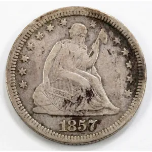 1857 25C Seated Liberty Quarter in Fine  Condition, LIBERTY Bold and Clear