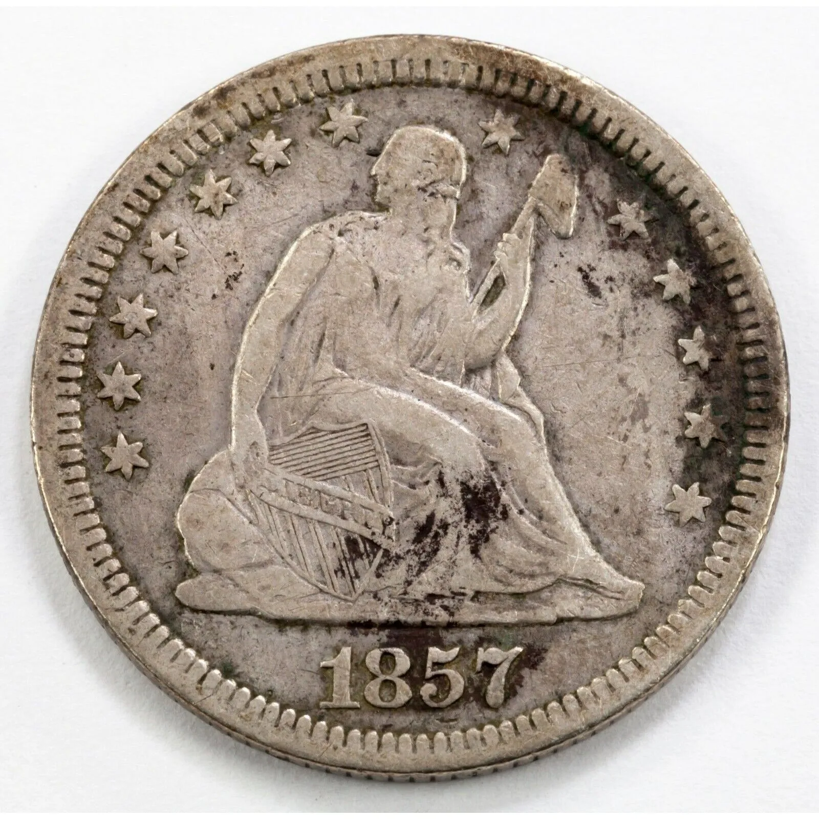 1857 25C Seated Liberty Quarter in Fine  Condition, LIBERTY Bold and Clear