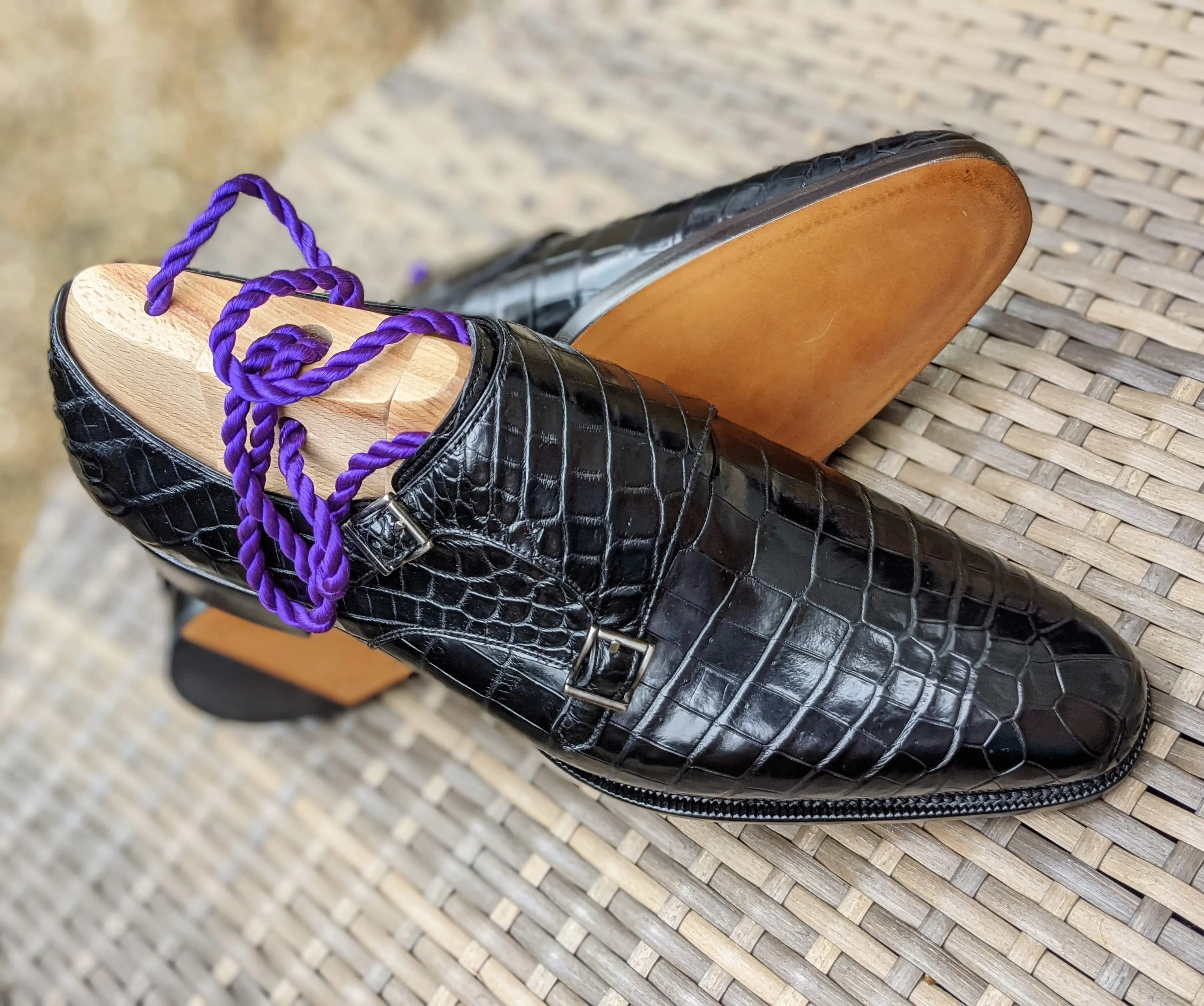Ascot Double Monk -  Black Crocodile