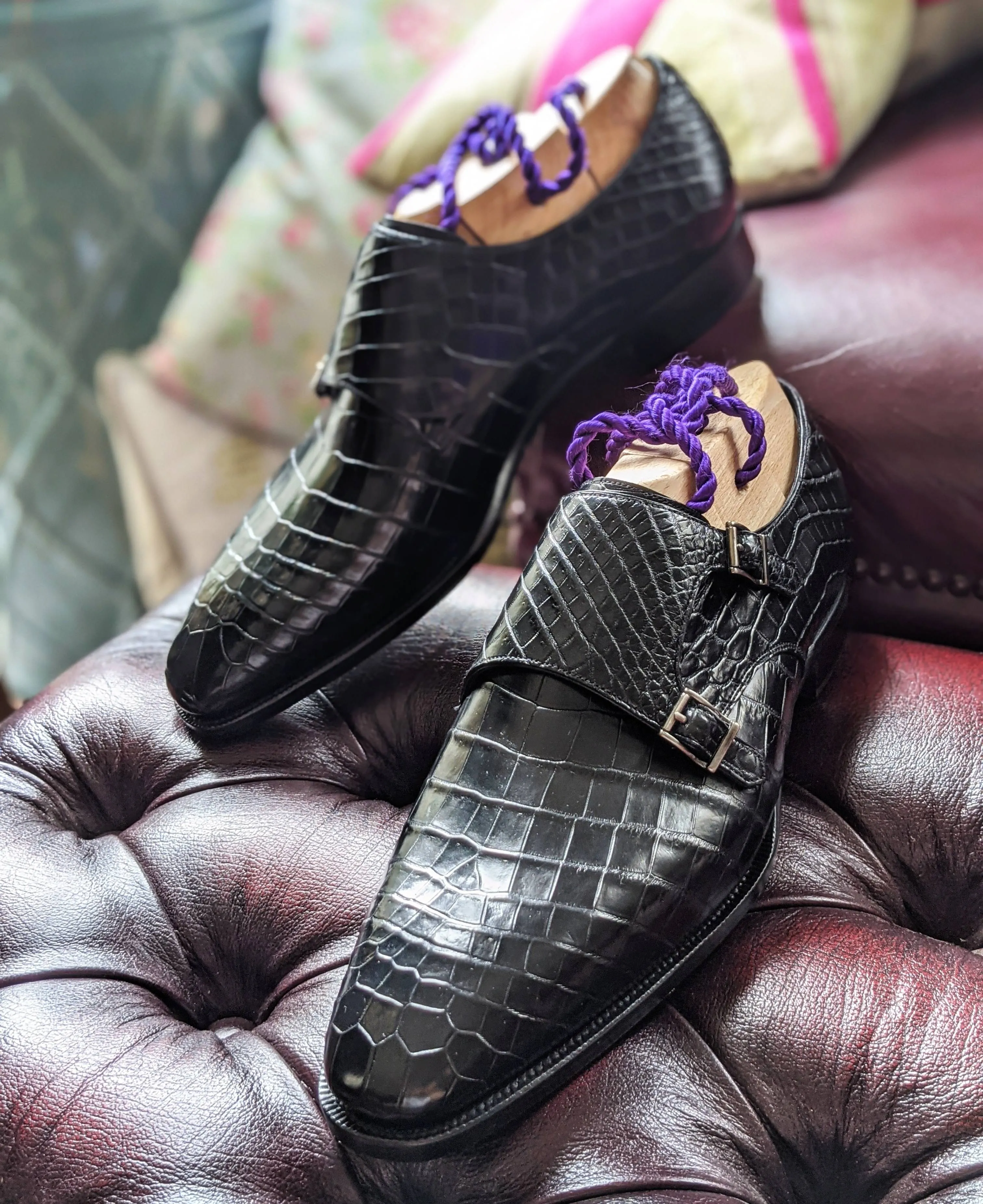 Ascot Double Monk -  Black Crocodile