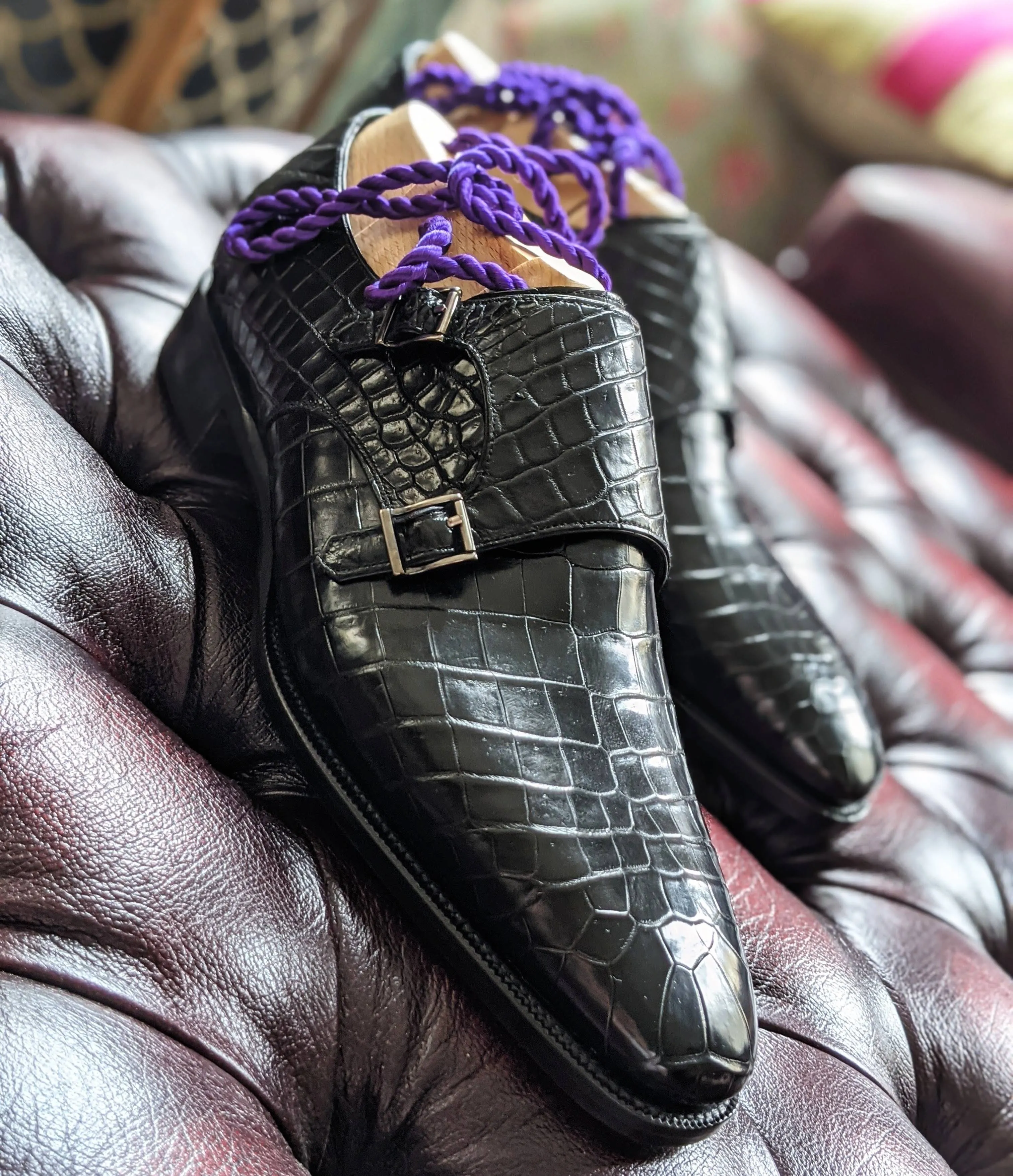 Ascot Double Monk -  Black Crocodile