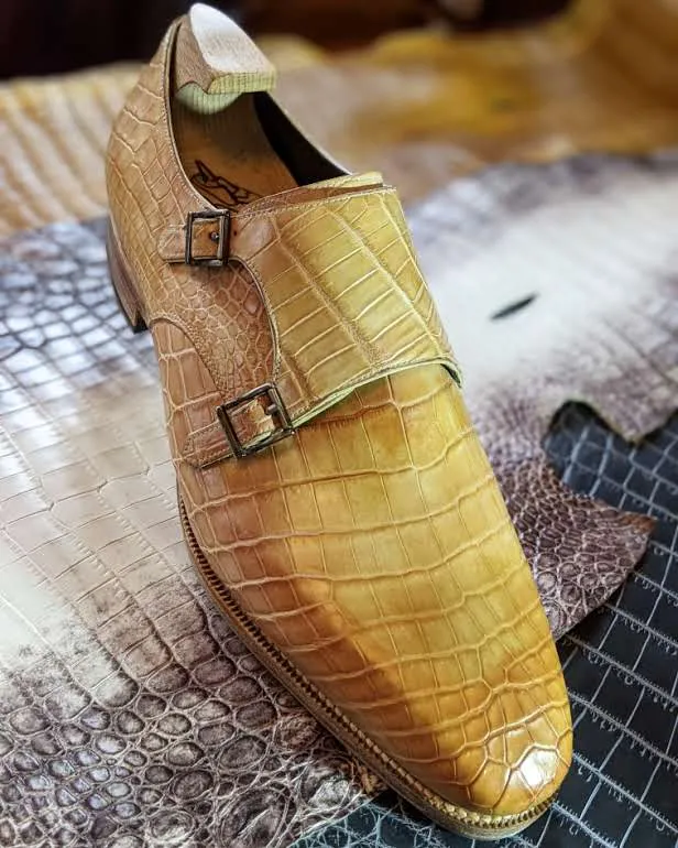 Ascot Double Monk -  Yellow Champagne Crocodile