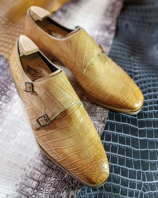 Ascot Double Monk -  Yellow Champagne Crocodile
