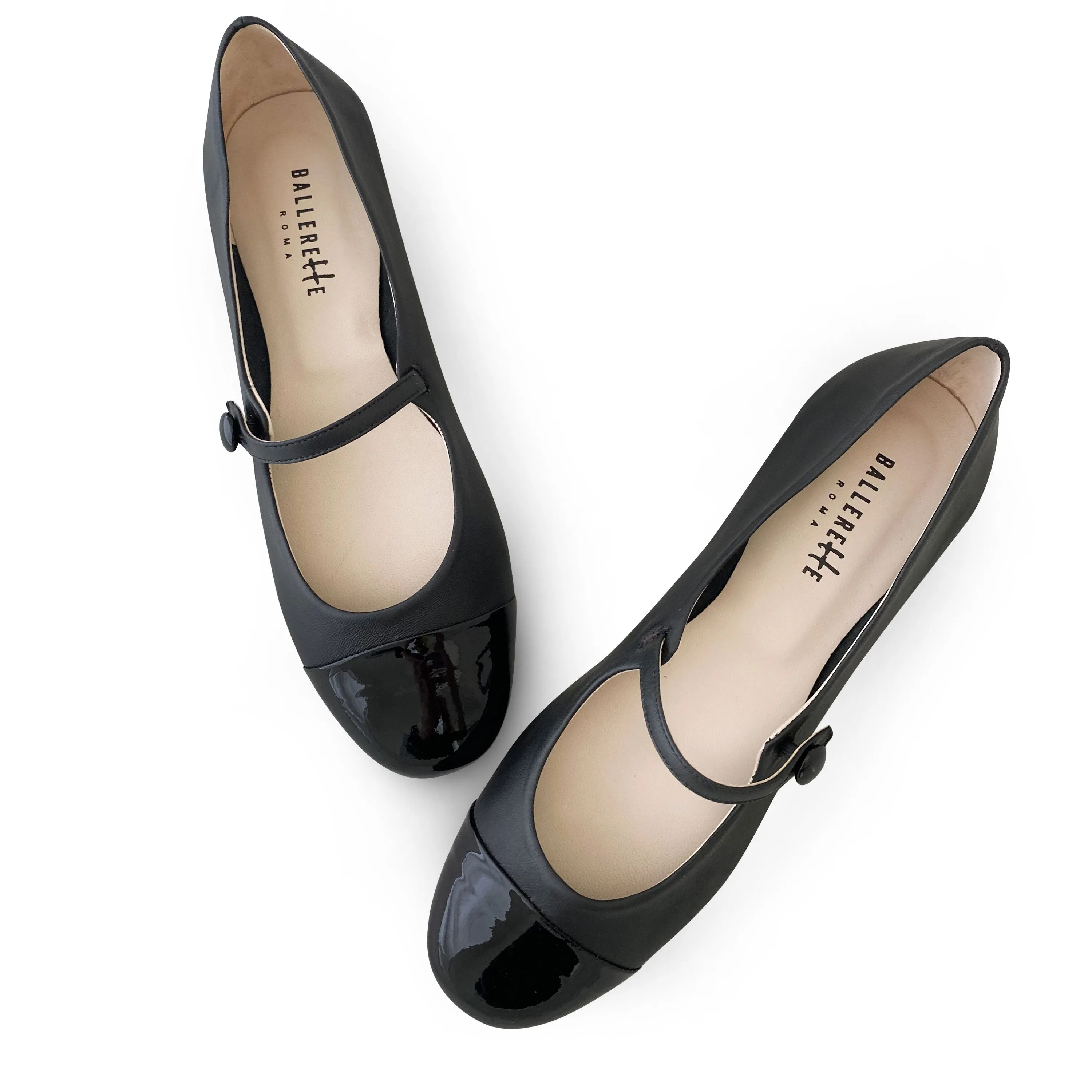 Black ballet flats with black patent toe and strap