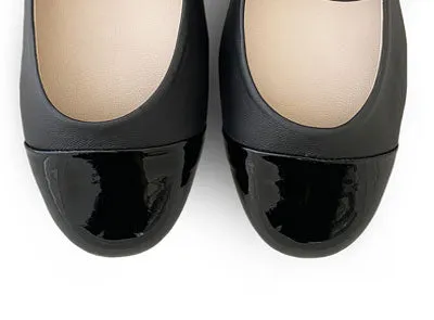 Black ballet flats with black patent toe and strap
