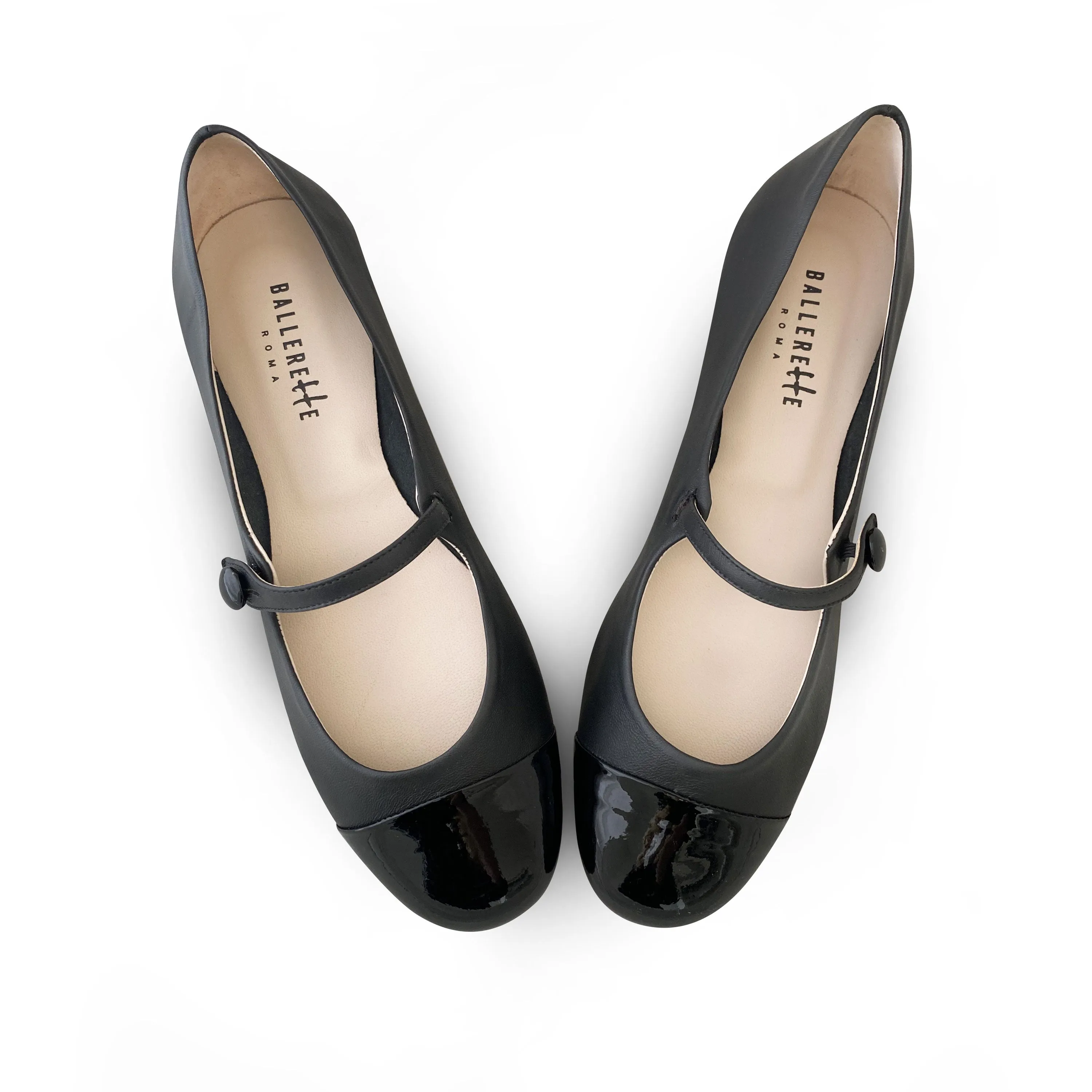 Black ballet flats with black patent toe and strap