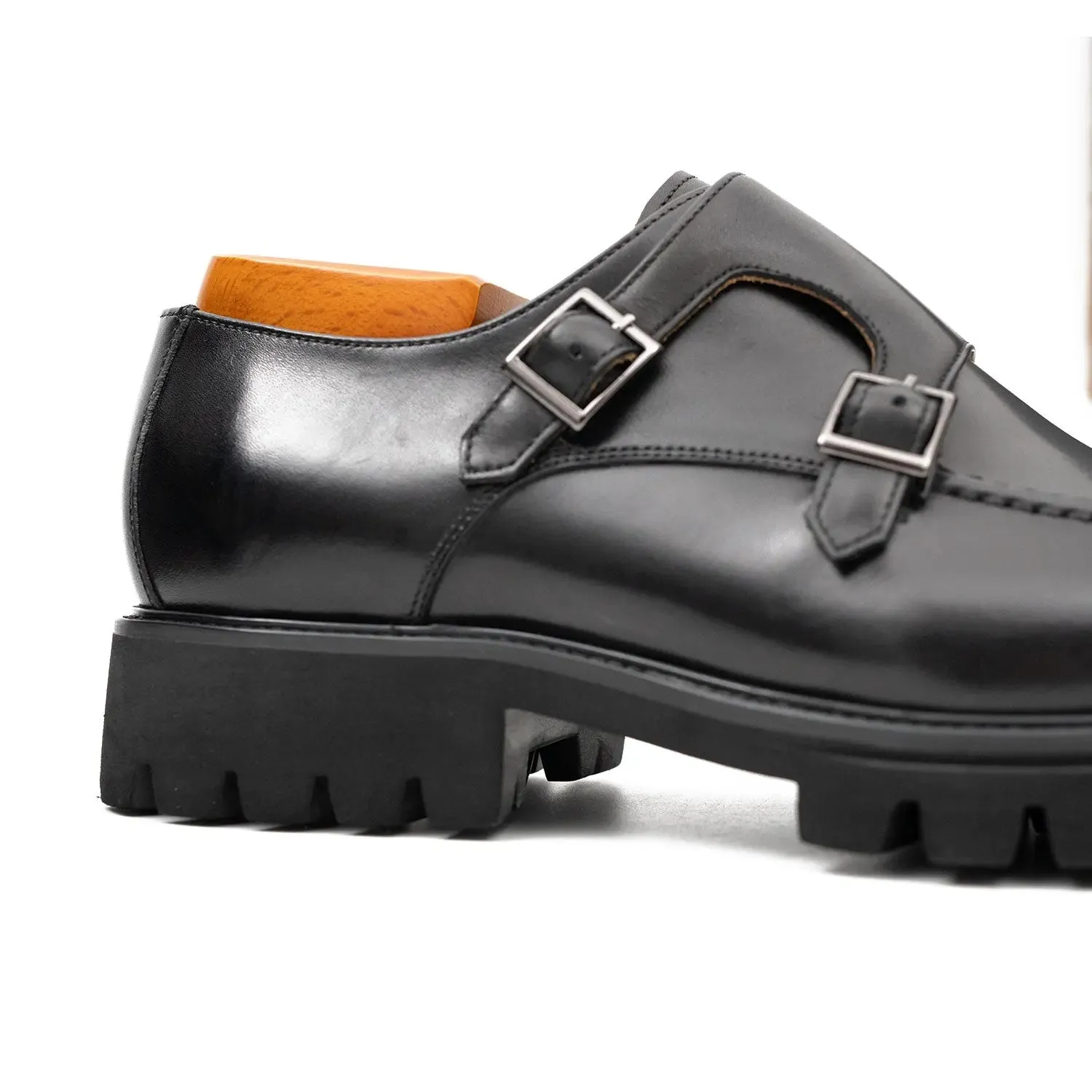 Black Double Monk Strap Leather Shoes