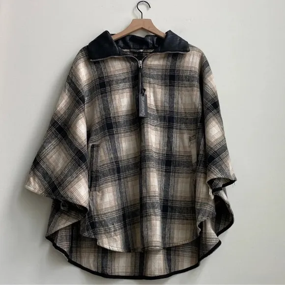 Blank NYC checked out plaid poncho cape jacket quarter zip vegan leather collar