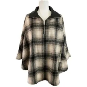 Blank NYC checked out plaid poncho cape jacket quarter zip vegan leather collar