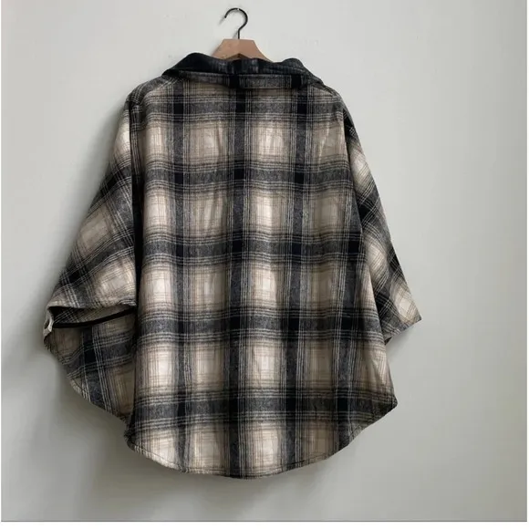 Blank NYC checked out plaid poncho cape jacket quarter zip vegan leather collar