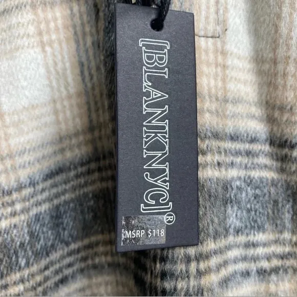 Blank NYC checked out plaid poncho cape jacket quarter zip vegan leather collar