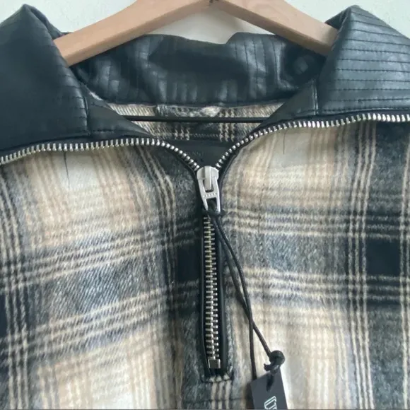 Blank NYC checked out plaid poncho cape jacket quarter zip vegan leather collar