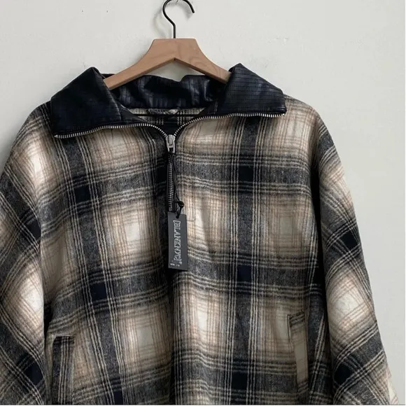Blank NYC checked out plaid poncho cape jacket quarter zip vegan leather collar