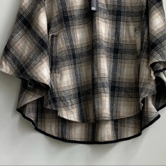 Blank NYC checked out plaid poncho cape jacket quarter zip vegan leather collar