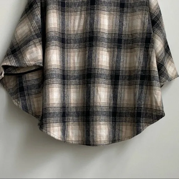 Blank NYC checked out plaid poncho cape jacket quarter zip vegan leather collar