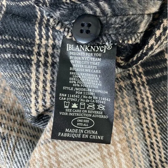 Blank NYC checked out plaid poncho cape jacket quarter zip vegan leather collar