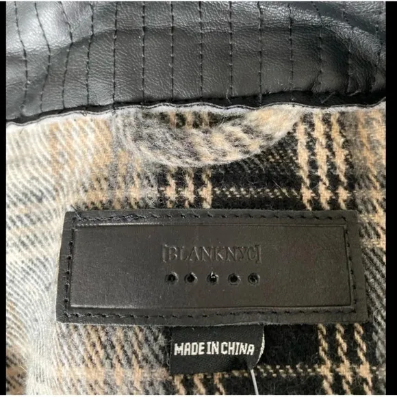 Blank NYC checked out plaid poncho cape jacket quarter zip vegan leather collar