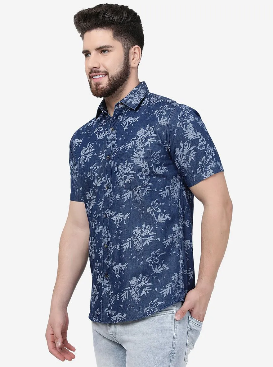 Blue Printed Slim Fit Casual Shirt | JadeBlue