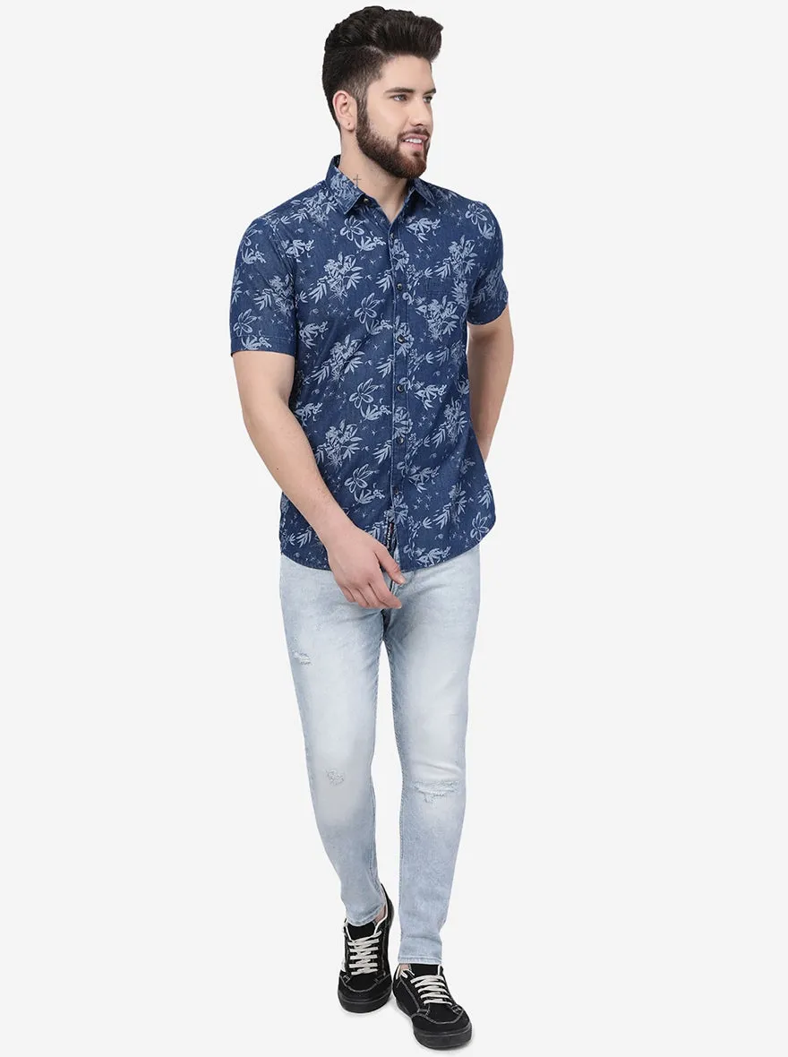 Blue Printed Slim Fit Casual Shirt | JadeBlue