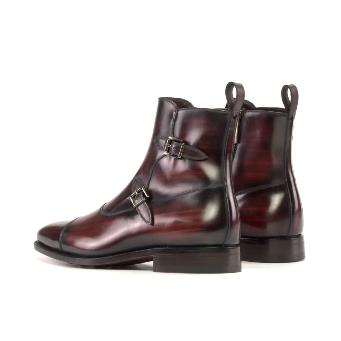 Bottines à Double Boucles en cuir patiné bordeaux