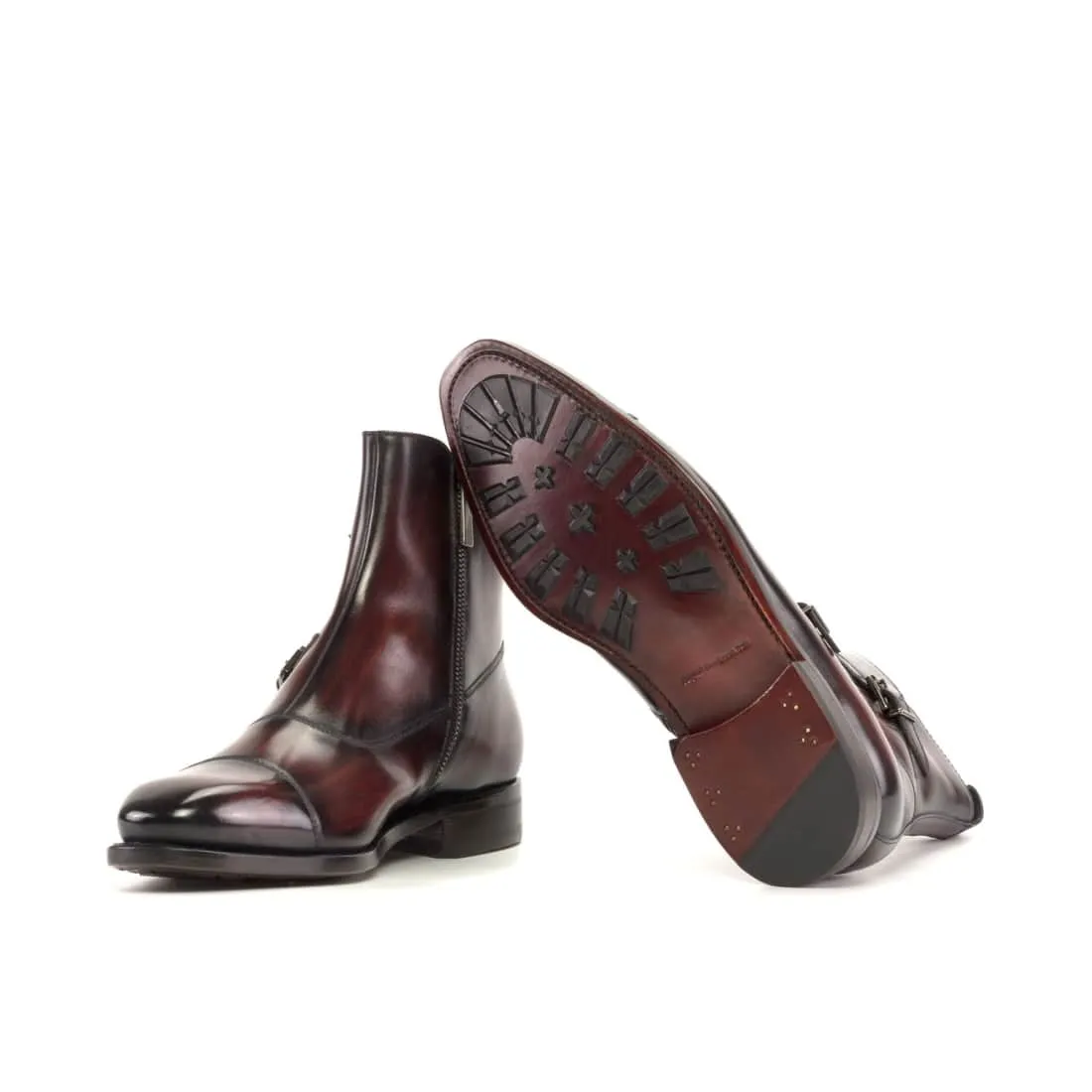 Bottines à Double Boucles en cuir patiné bordeaux