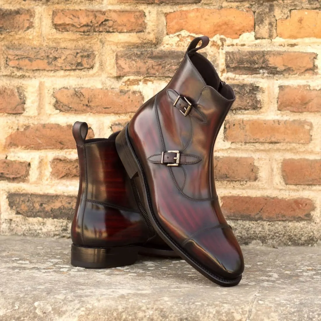 Bottines à Double Boucles en cuir patiné bordeaux