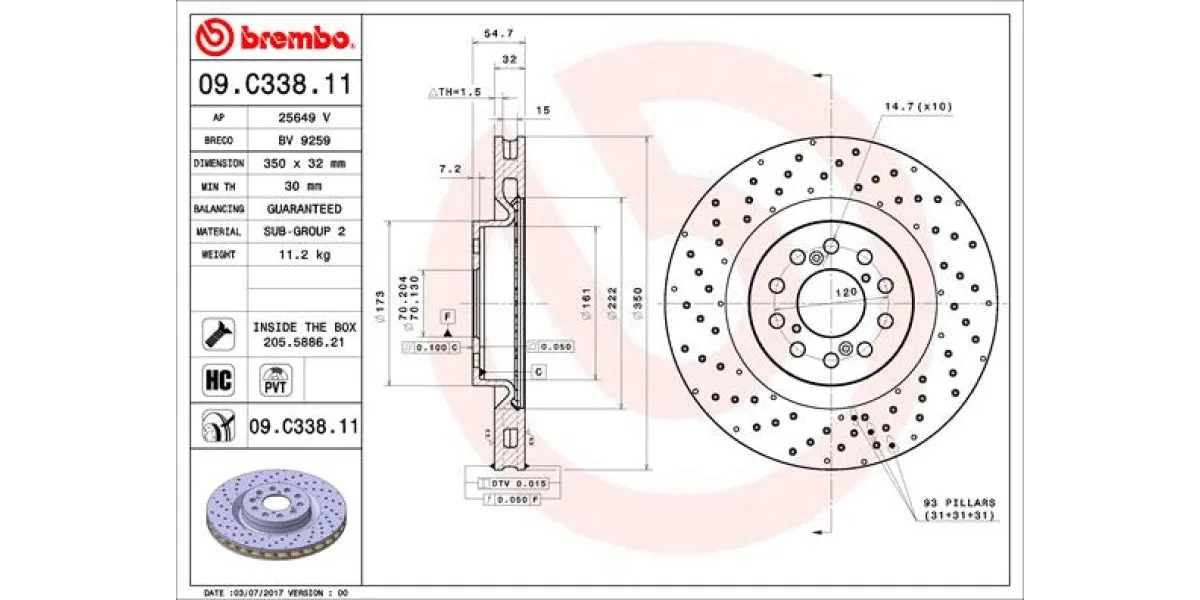 Brake Disc Front (1 In Box) Honda 2.0 I Vtec Type R (Fk2) (Brembo 09C33811)