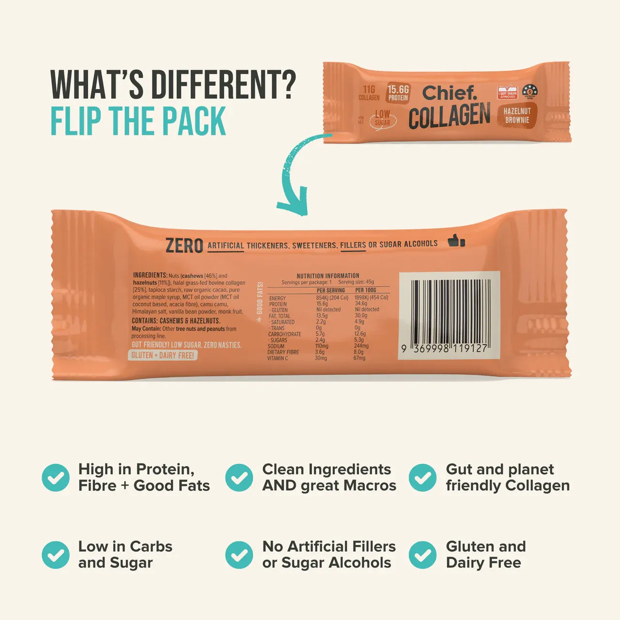 Chief Collagen Hazelnut Brownie Protein Bars (12 Bars)