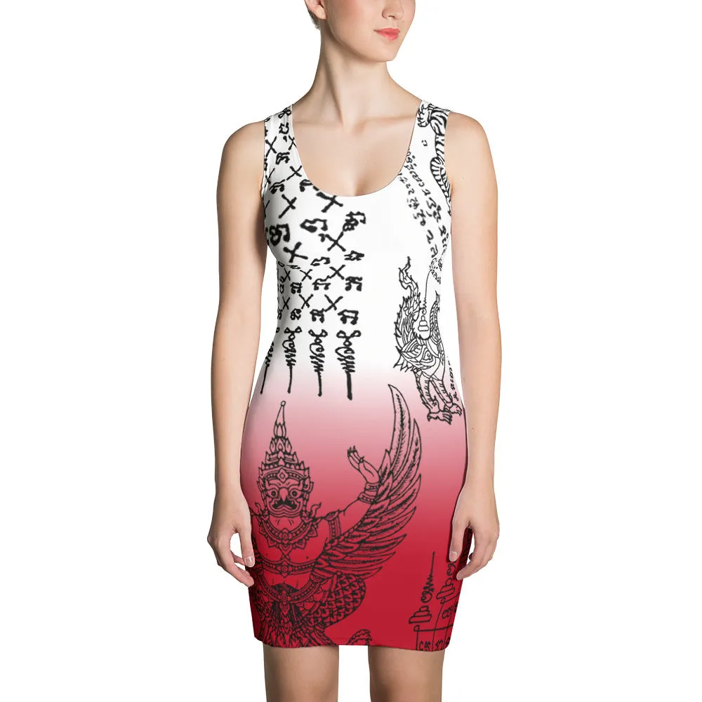 Covered With Sacred Thai Buddhist Tattoos White and Red Dress