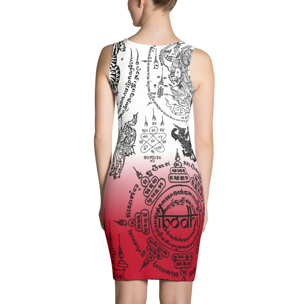 Covered With Sacred Thai Buddhist Tattoos White and Red Dress
