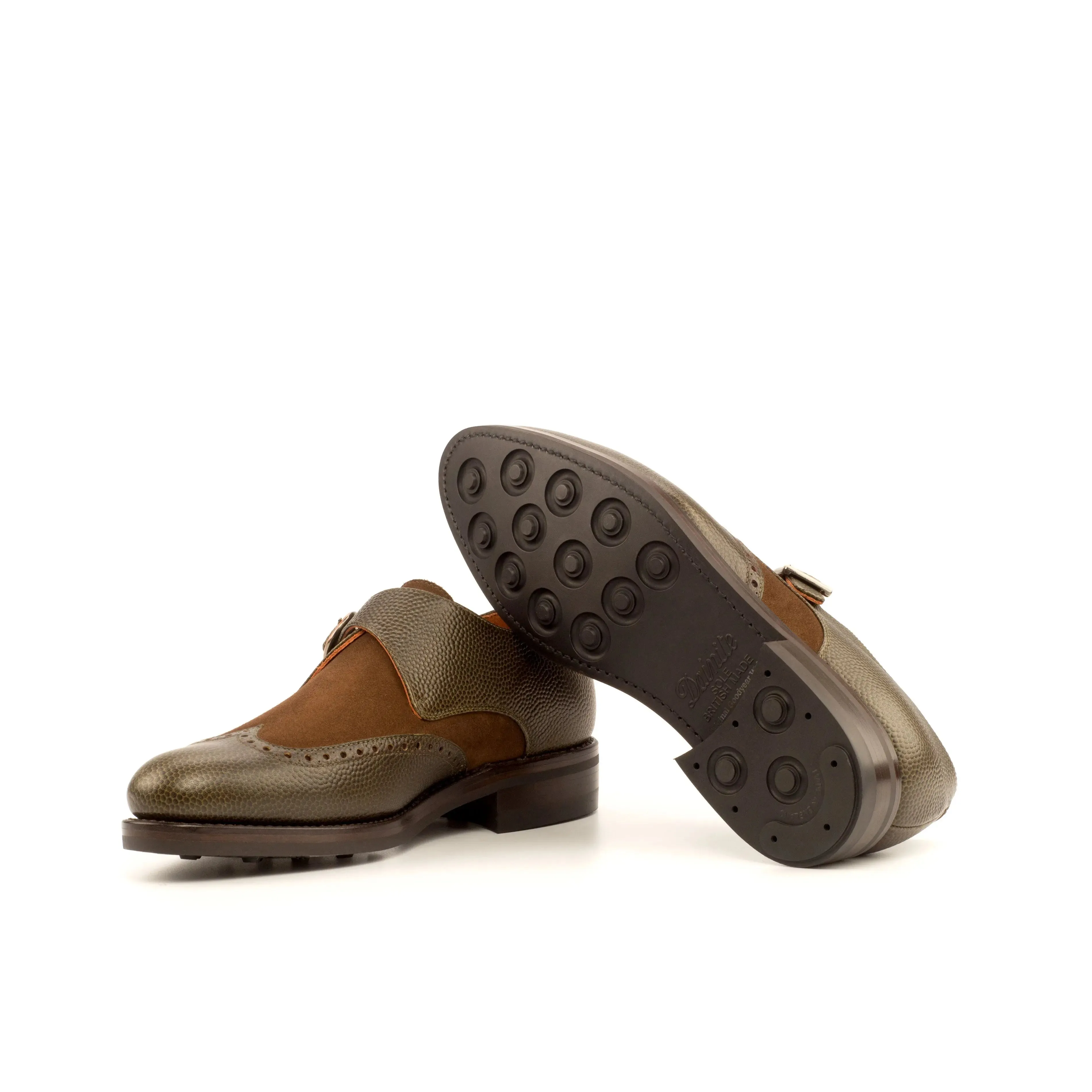 DapperFam Brenno in Olive / Med Brown Men's Lux Suede & Italian Pebble Grain Leather Single Monk