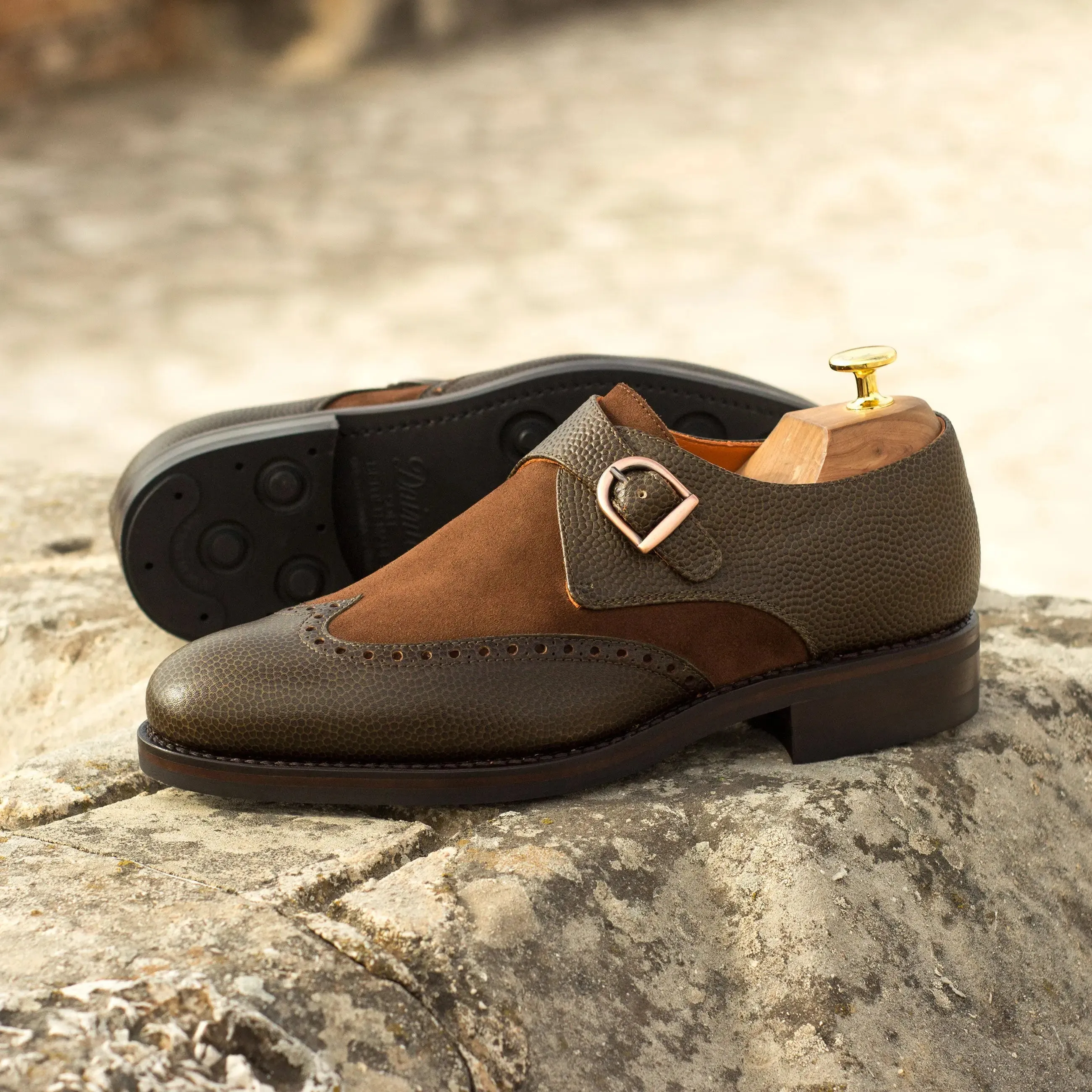 DapperFam Brenno in Olive / Med Brown Men's Lux Suede & Italian Pebble Grain Leather Single Monk