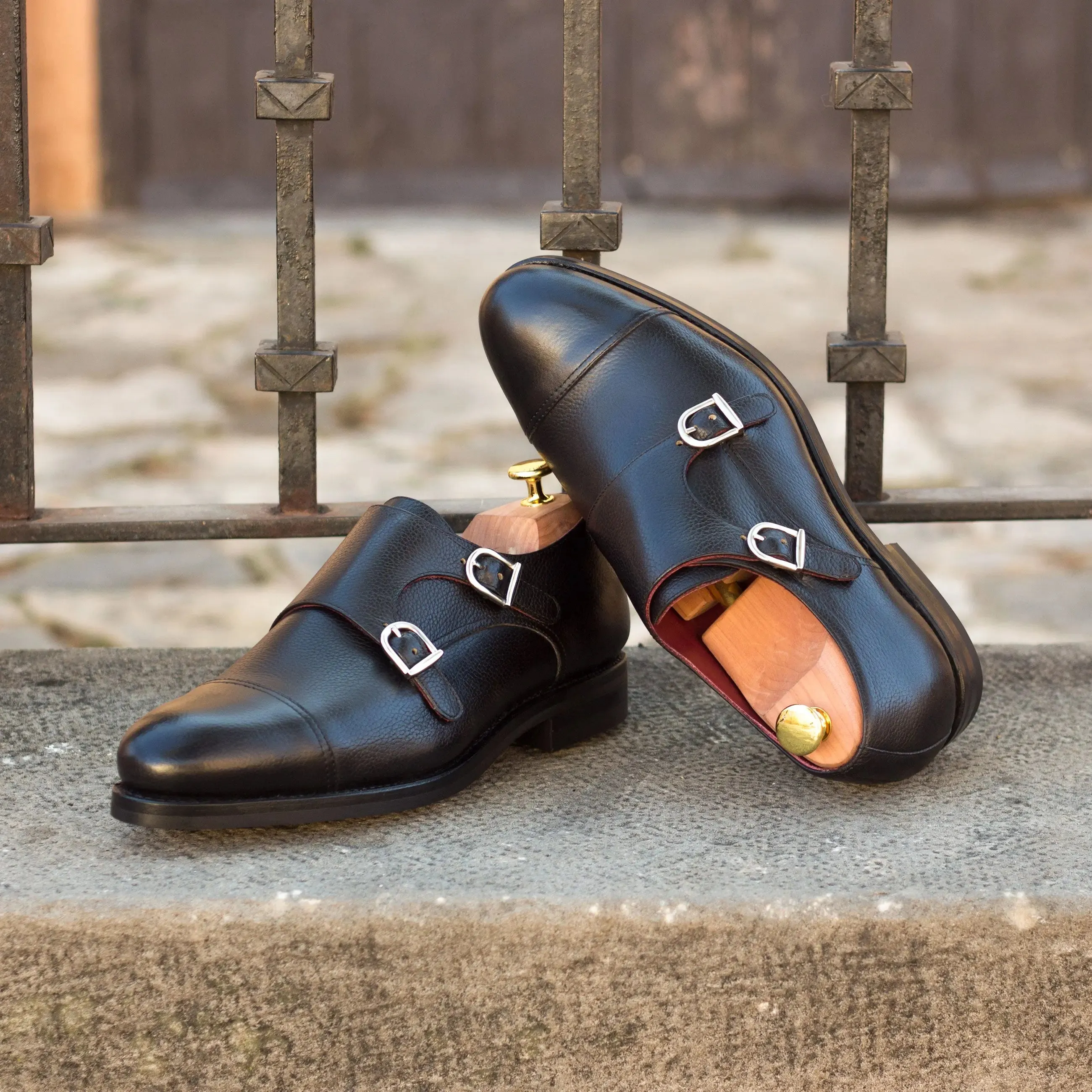 DapperFam Monaco in Black Men's Italian Full Grain Leather Double Monk