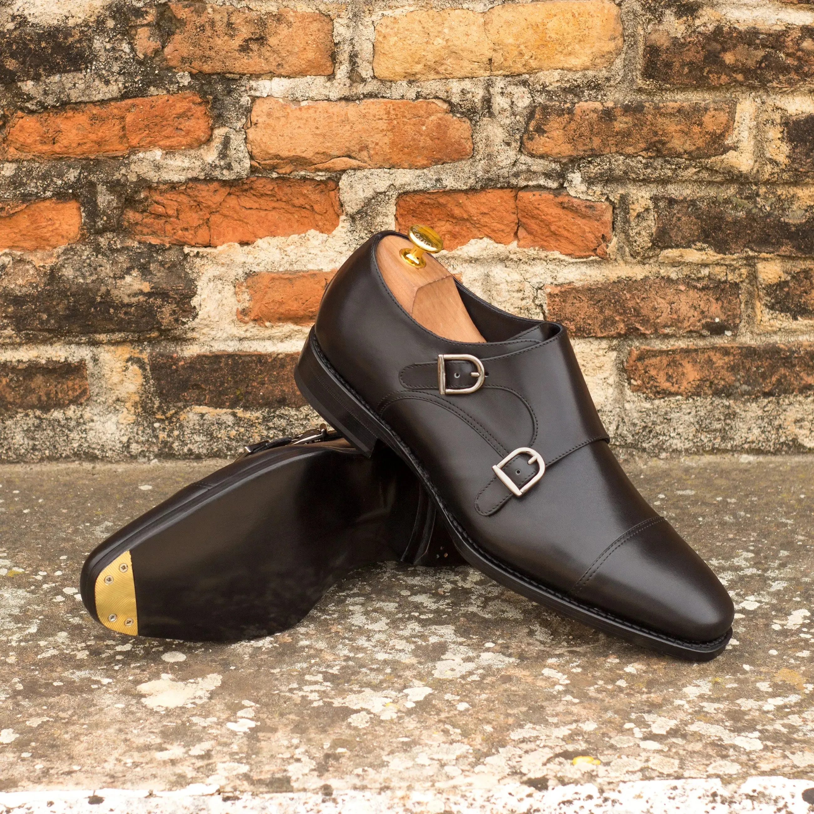DapperFam Monaco in Black Men's Italian Leather Double Monk