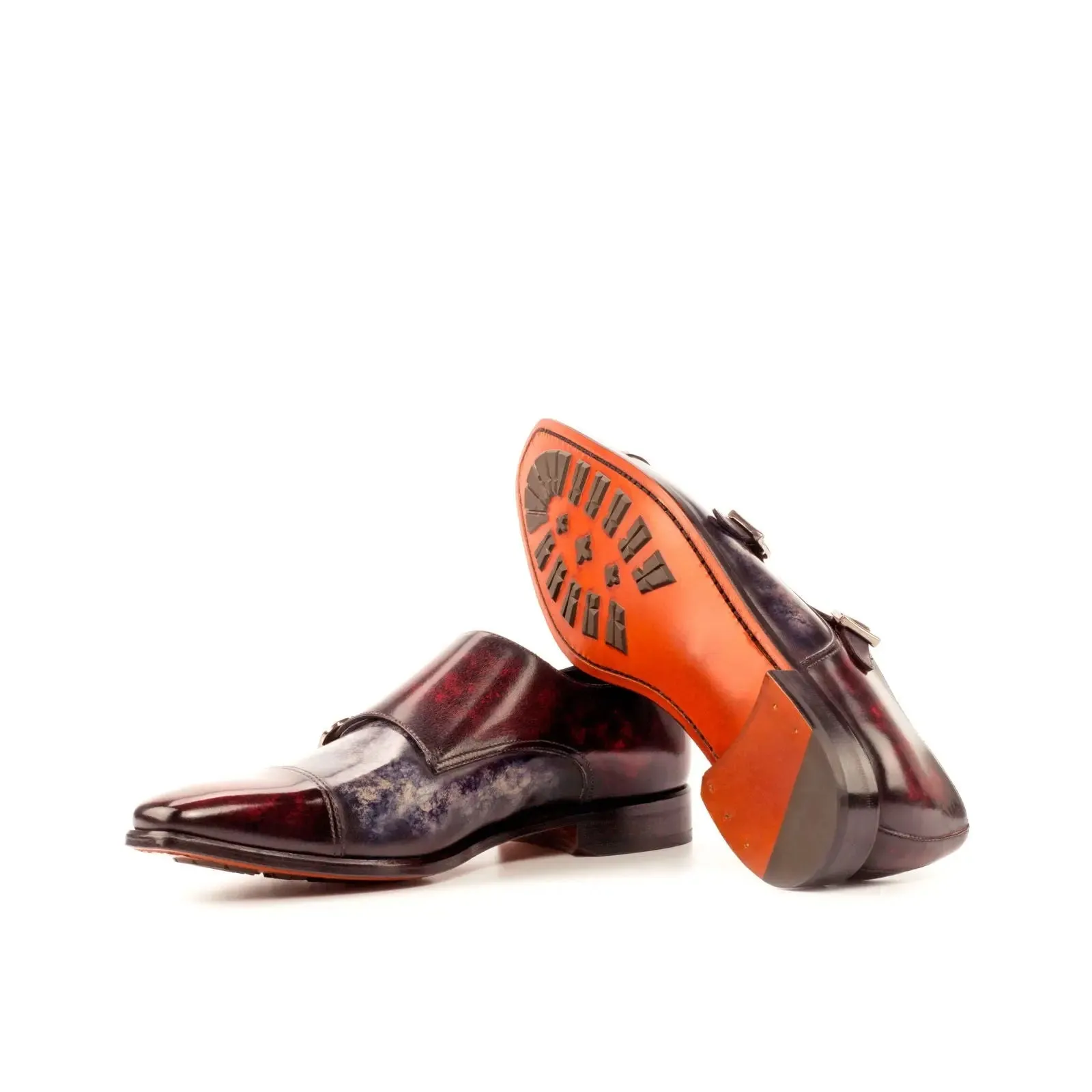 DapperFam Monaco in Burgundy / Grey Men's Hand-Painted Patina Double Monk