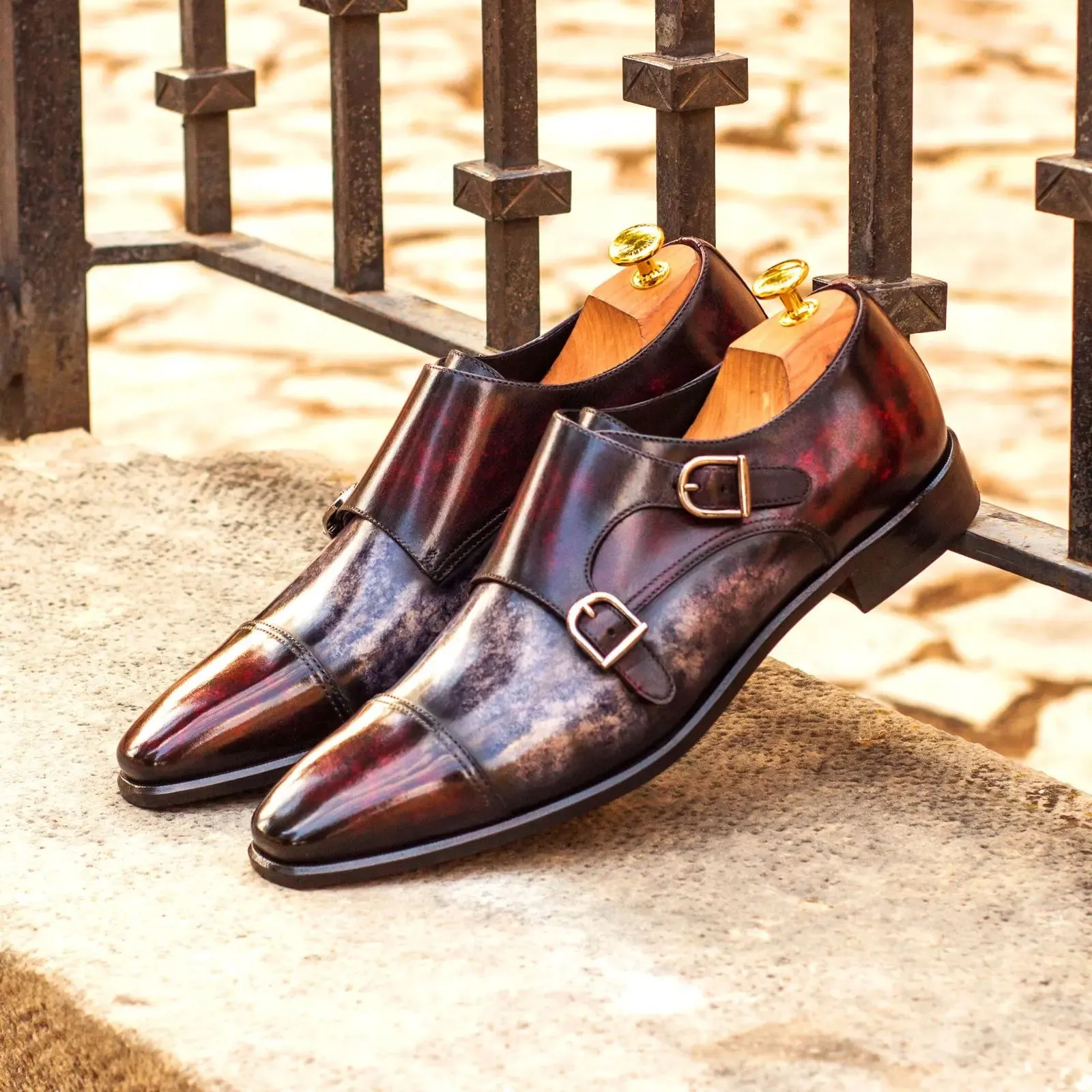 DapperFam Monaco in Burgundy / Grey Men's Hand-Painted Patina Double Monk