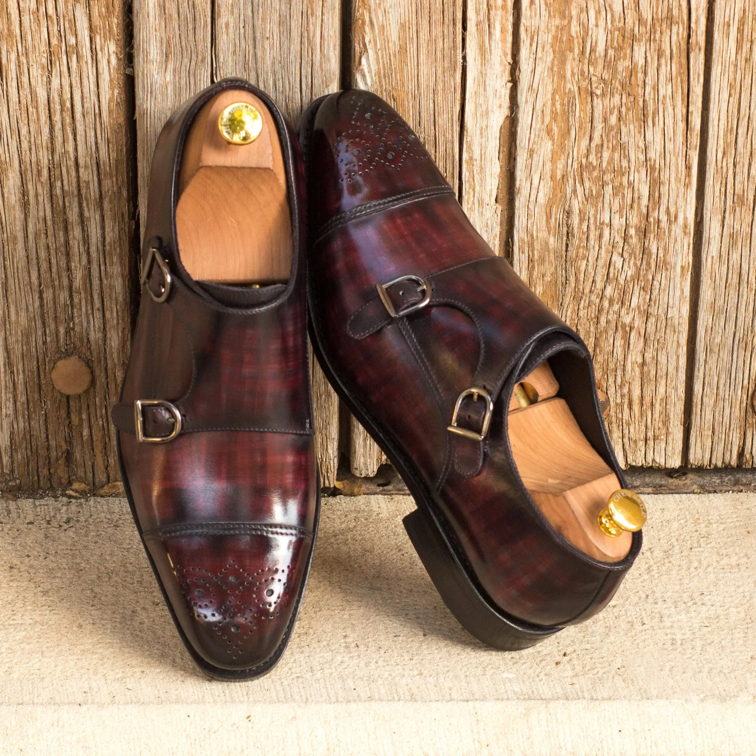 DapperFam Monaco in Burgundy Men's Hand-Painted Patina Double Monk