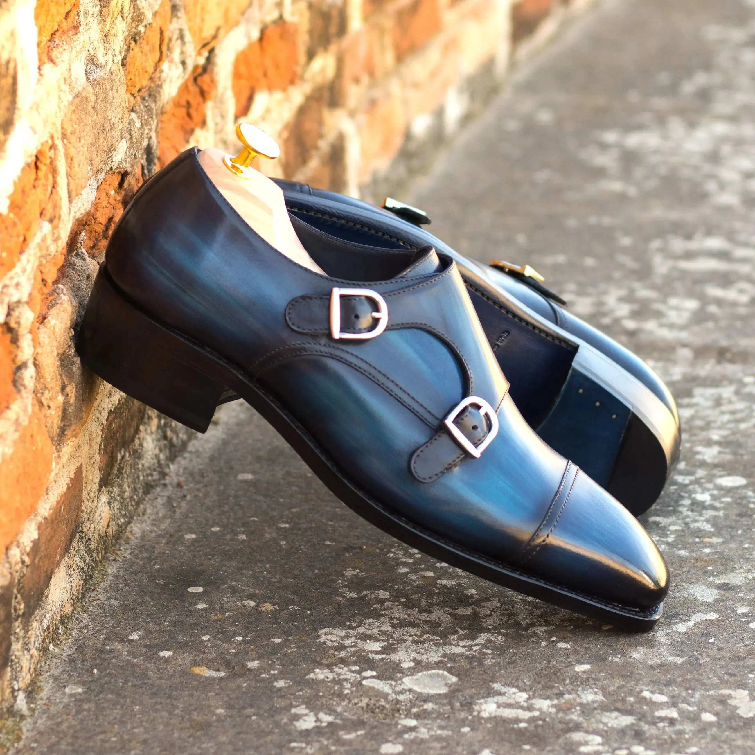 DapperFam Monaco in Denim Men's Hand-Painted Patina Double Monk