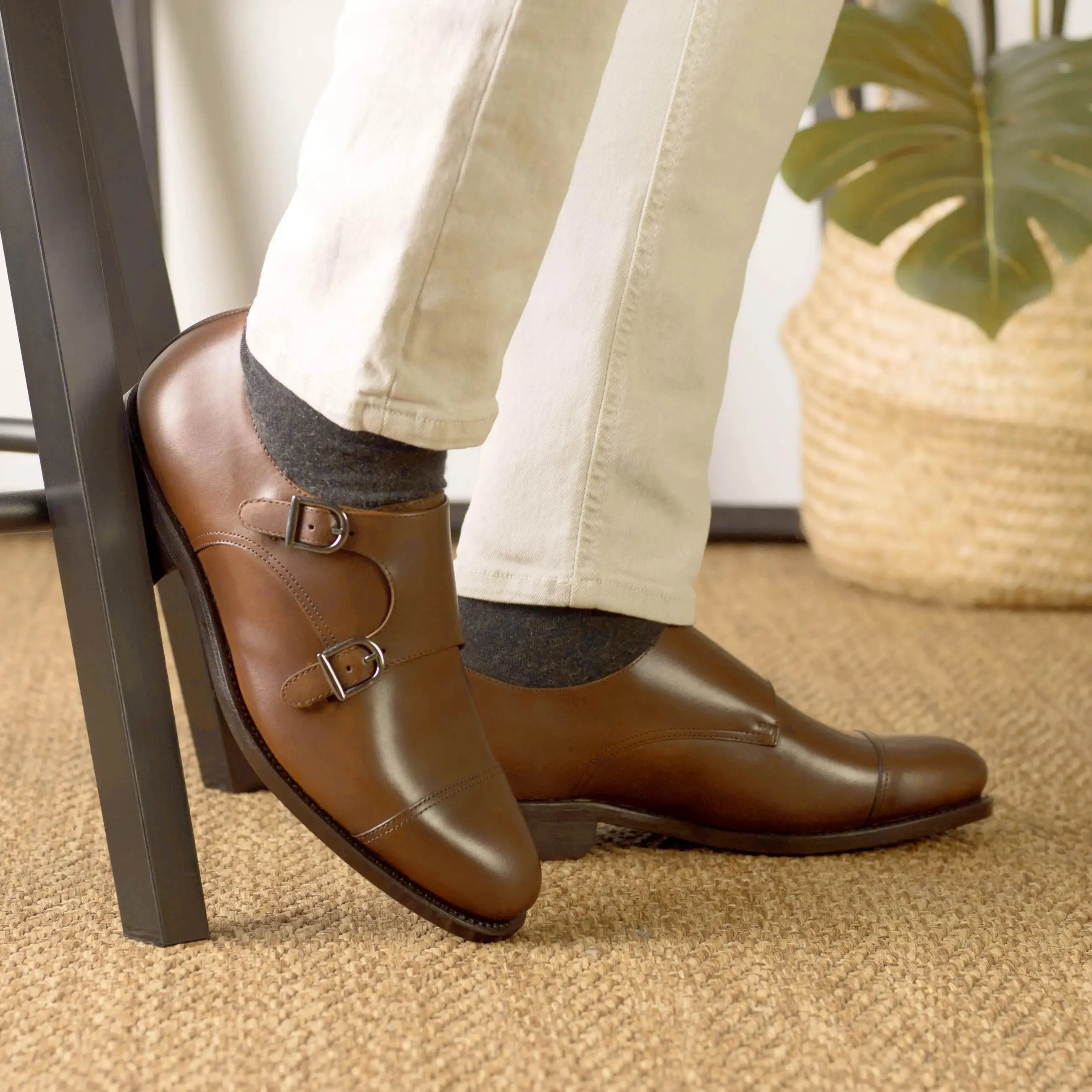 DapperFam Monaco in Med Brown Men's Italian Leather Double Monk