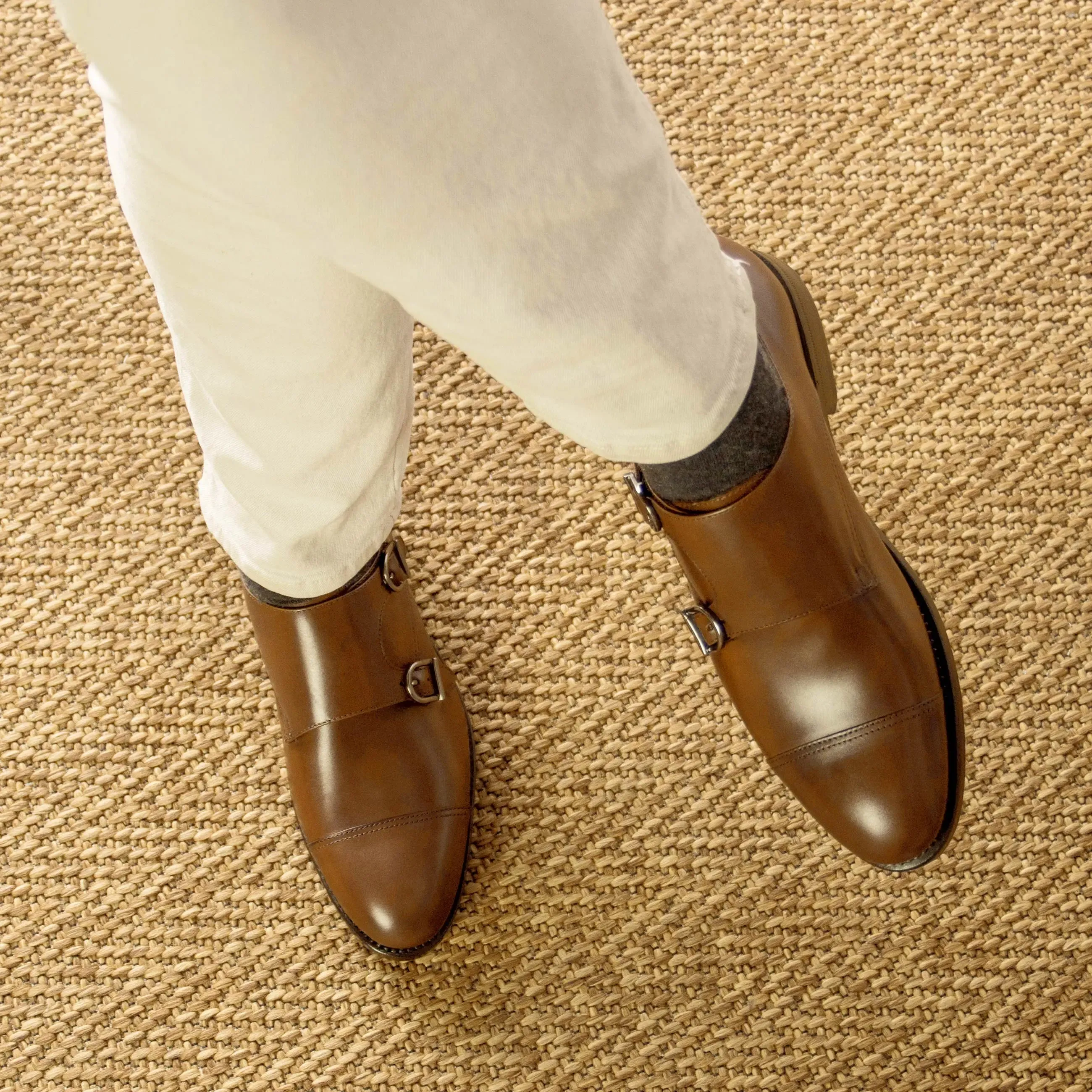DapperFam Monaco in Med Brown Men's Italian Leather Double Monk