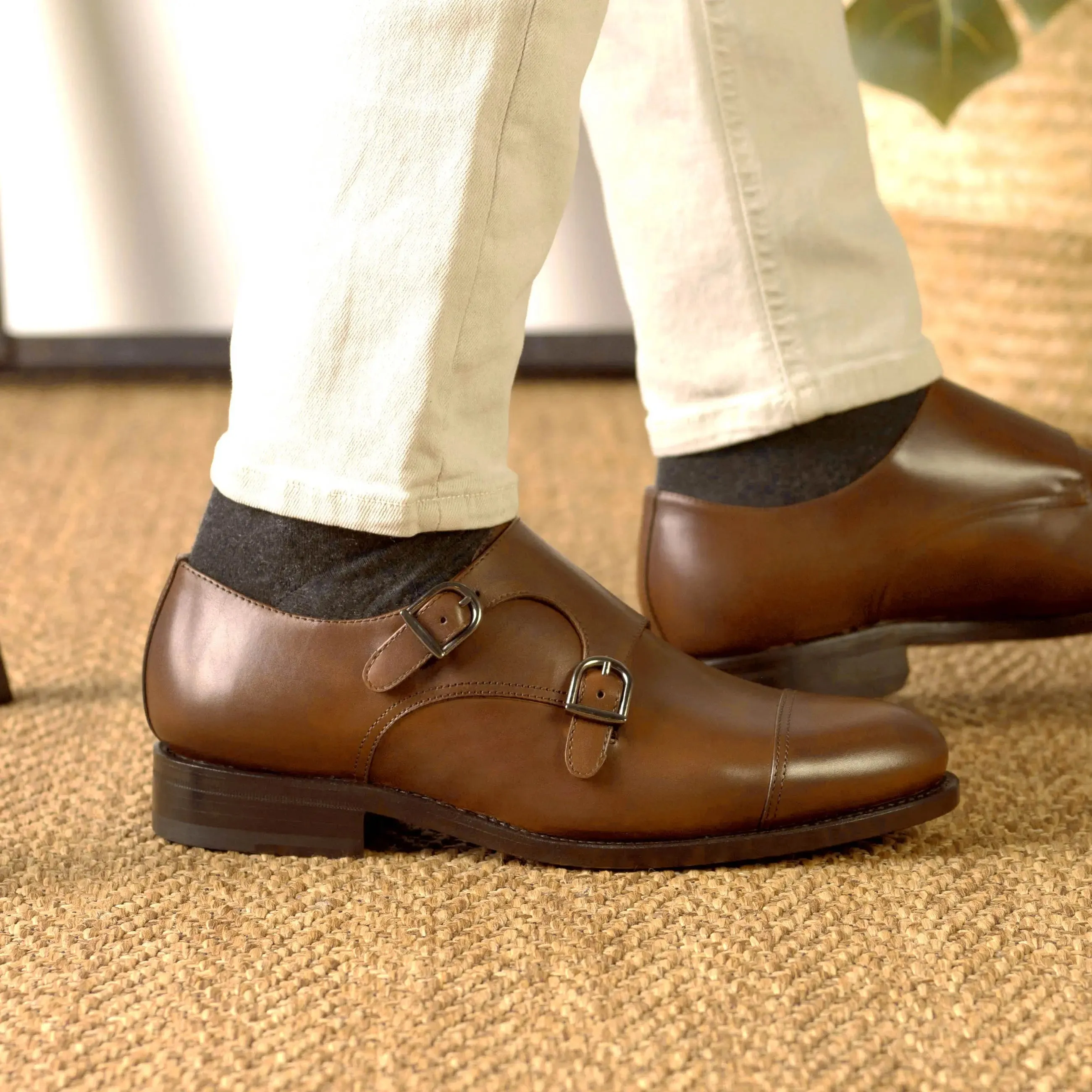 DapperFam Monaco in Med Brown Men's Italian Leather Double Monk
