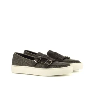 DapperFam Riviera in Black / Herringbone Men's Italian Croco Embossed Leather & Sartorial Monk Sneaker