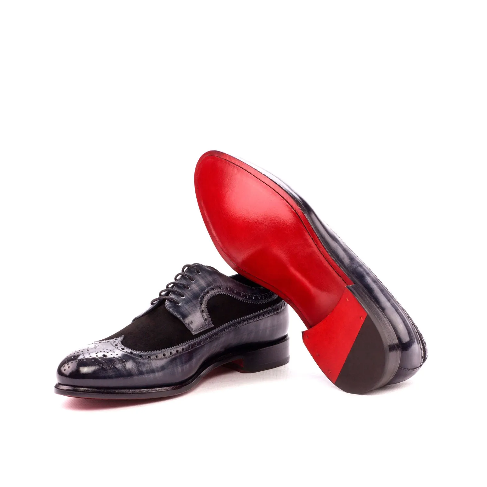 DapperFam Zephyr in Black / Grey Men's Italian Suede & Hand-Painted Patina Longwing Blucher