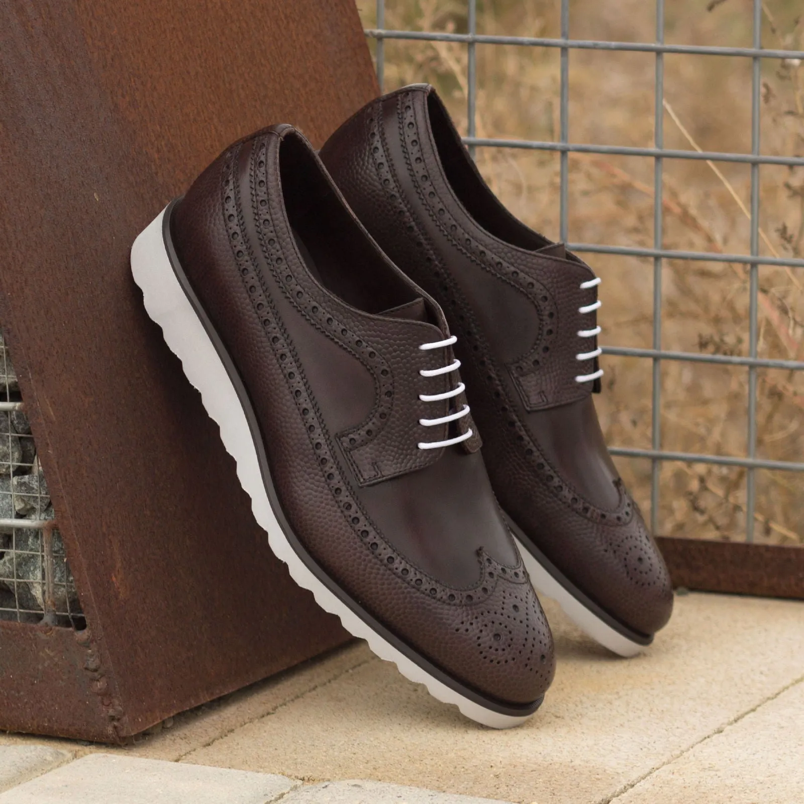 DapperFam Zephyr in Dark Brown Men's Italian Leather & Italian Pebble Grain Leather Longwing Blucher