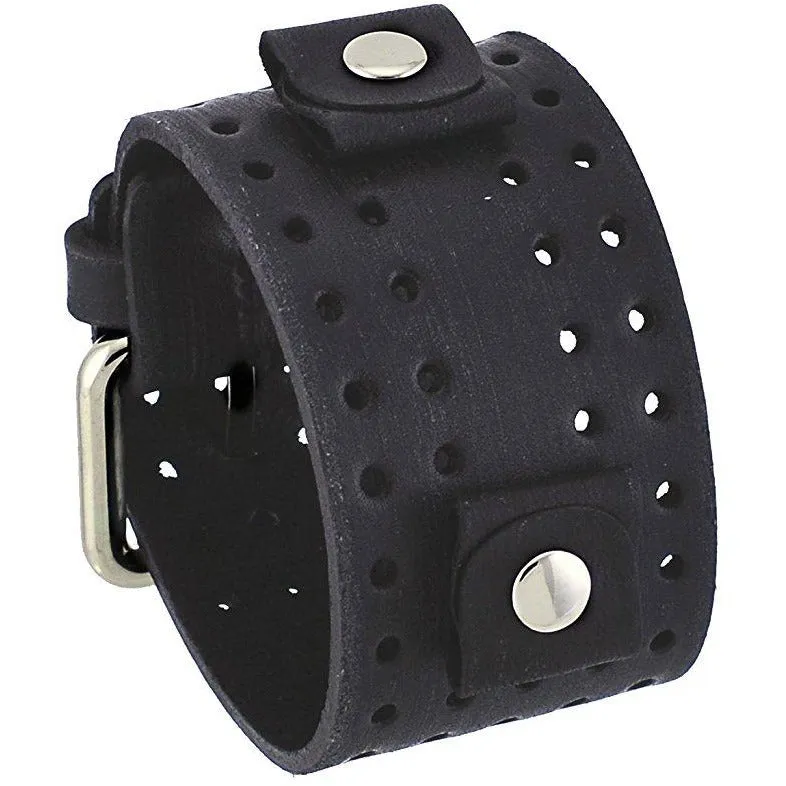 Double Perforated Distressed Black Leather Wide Cuff VLH-K