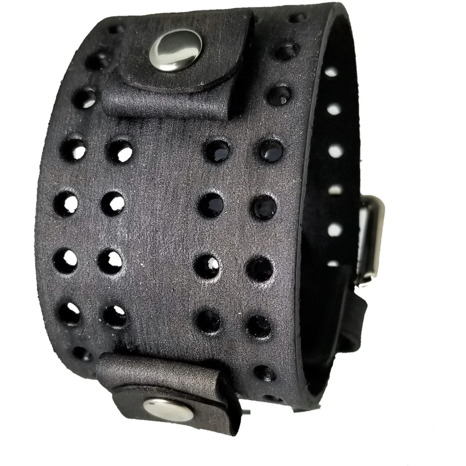 Double Perforated Distressed Black Leather Wide Cuff VLH-K