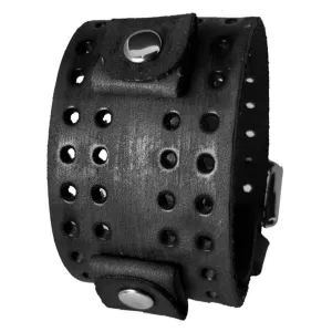 Double Perforated Distressed Black Leather Wide Cuff VLH-K