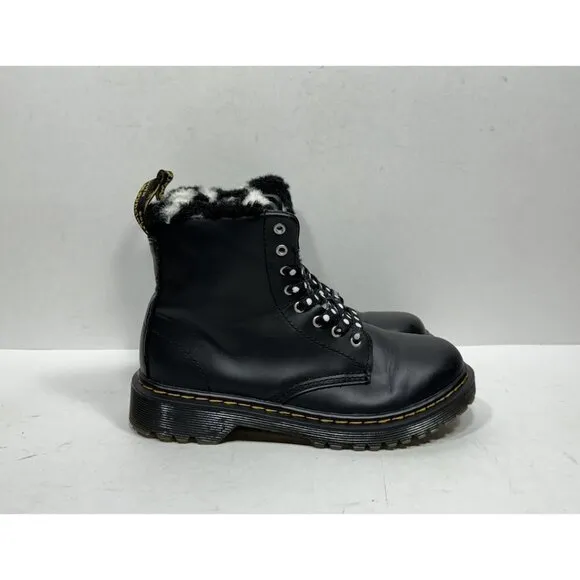 Dr. Martens Serena 1460 J Size 3 Black Leather Fur Lined Doc Boots Lace Up