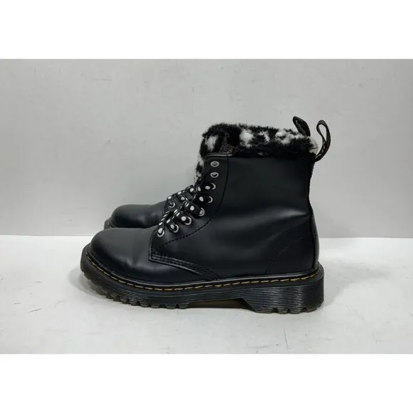 Dr. Martens Serena 1460 J Size 3 Black Leather Fur Lined Doc Boots Lace Up