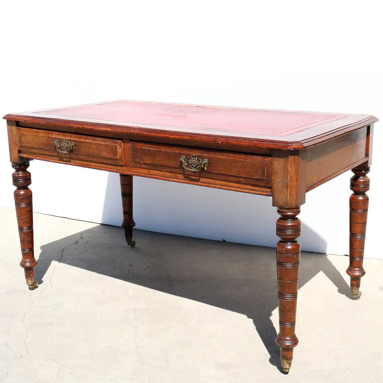English Victorian Leather Top Quarter Sawn Oak Writing Desk on Casters